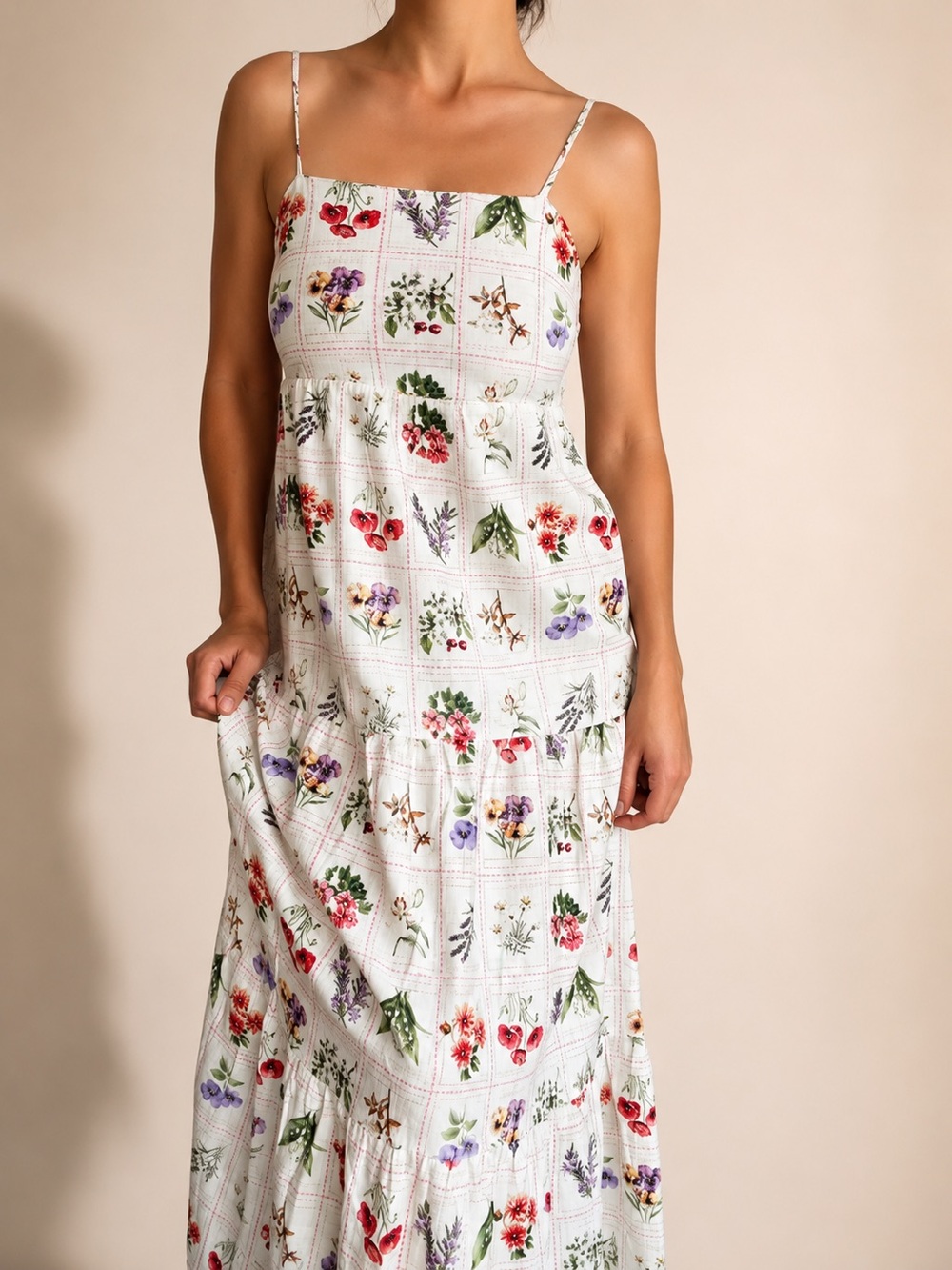 Linen Floral Tiered Maxi Dress- White